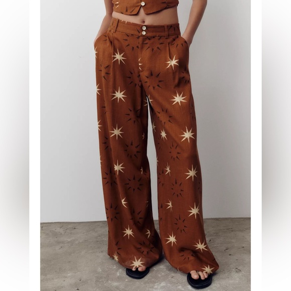 Zara Pants - ZARA SUN PRINT BOHO LINEN BROWN WIDE LEG PANTS XS NWT